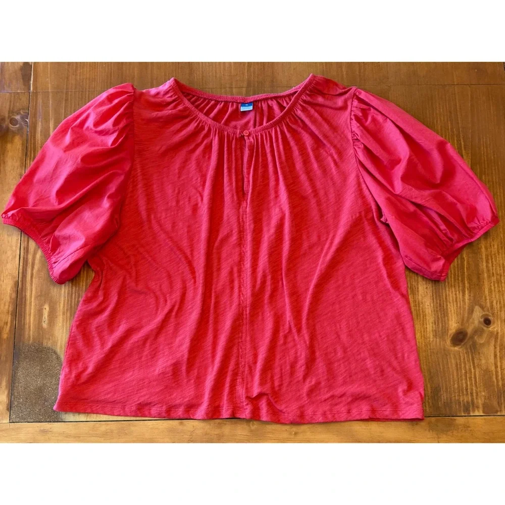 Old Navy Womens XL Faded Red Cotton Slub Puff Sleeve Keyhole Blouse Top